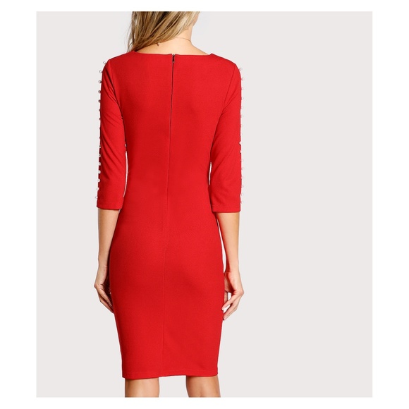 Red Pearl Embellished Sleeve Bodycon Midi Dress - Picture 3 of 5